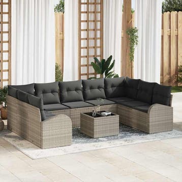 vidaXL Bankstel 10 st 9-zits Lichtgrijs poly rattan, Verzenden, Nieuw, Meer dan 8 zitplaatsen