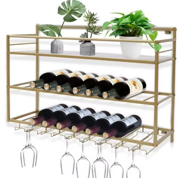 Gouden Wand Wijnrek 3-Lagen – Stalen Flessenrek met Glashoud, Huis en Inrichting, Woonaccessoires | Wijnrekken, Nieuw, Verzenden