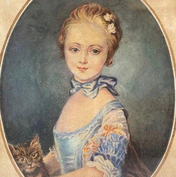 Franse school (XIX) - Portrait de jeune fille en bleu et son