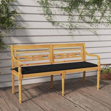 vidaXL Bankje Batavia met zwart kussen 150 cm massief, Verzenden, Nieuw, Teakhout