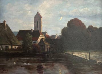 Europese school (XX) - River Village with Watermill and