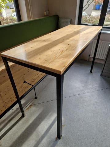 Hoge tafel 180x70x110 cm, massief houten blad, stalen, Ophalen of Verzenden, Gebruikt