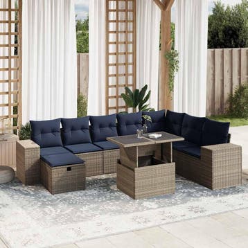 vidaXL 9-delige tuinbankset met kussens, grijs polyrotan, Verzenden, Nieuw