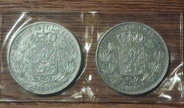België. Leopold II. 5 Francs 1869, 2 stuks (Zonder