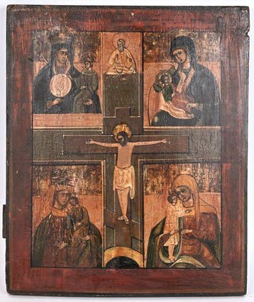 Icoon - Moeder Gods, Kruisiging van Christus - Hout