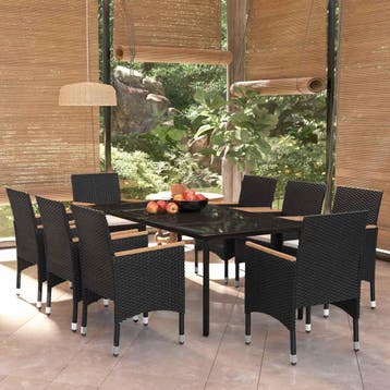 vidaXL 9-delige Tuinset met kussens zwart, Verzenden, Nieuw, 8 zitplaatsen, Tuinset