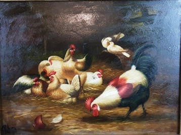 European School (XX) - Escena de Corral con Gallos, Antiek en Kunst, Kunst | Schilderijen | Klassiek