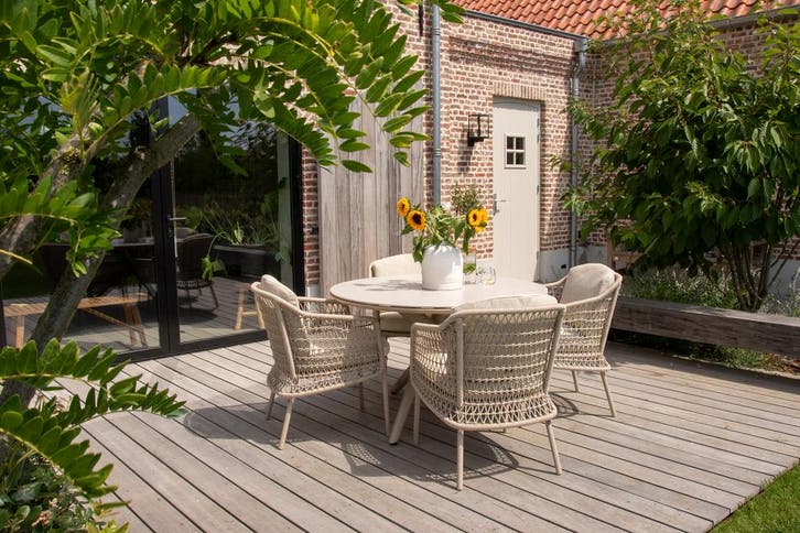 4SO Puccini/Dublin ronde tuinset 120 cm. (5-delig) - Latte, Tuin en Terras, Tuinsets en Loungesets, Tuinset, Nieuw, Rvs, Verzenden