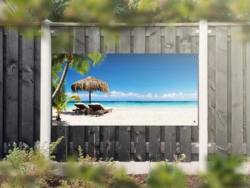 NR 1214: Tuinposter Tropisch strand met ligstoelen 90x180cm, Nieuw