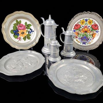 Deutsches Zinn-Set - Teller - Kan (7) - Porselein, Tin -, Antiek en Kunst, Curiosa en Brocante