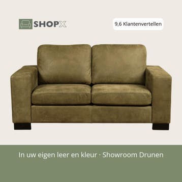 Leren bank Enjoy - 2 zits - Kenia Olive (olijf) - Poten, 150 tot 200 cm, Nieuw, Ophalen of Verzenden, Rechte bank