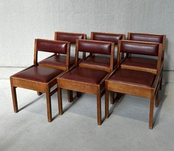 Stoel - hard hout, Synthetisch leder - Set van zes vintage, Antiek en Kunst