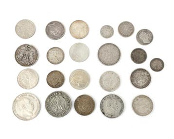 21 zilveren munten, Duitsland/Pruisen/België, 1826-1939