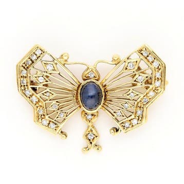 Broche - 18 karaat Geel goud Saffier - Diamant - Hanger -
