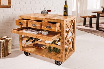 Industriële barkast BODEGA 86 cm mangohouten serveerwagen, Ophalen of Verzenden, Nieuw
