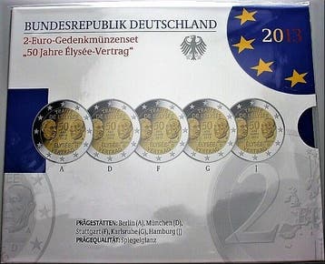 5 x 2 Euro 2013 A,d,f,g,j Duitsland 50 Jahre Elysee-vertrag, Postzegels en Munten, Munten | Europa | Euromunten, Verzenden