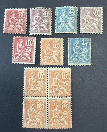 Frankrijk 1900 - Yvt 112-118 - Mouchon Type I and II + block, Gestempeld