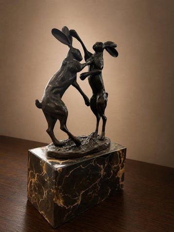 Nick - sculptuur, Bronzen sculptuur – Twee boksende hazen –, Antiek en Kunst