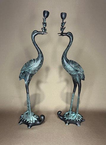 Pair of Crane and Turtle Candlesticks – Bronze – Vintage