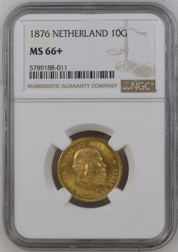 Gouden Willem III 10 gulden 1876 MS66+ NGC gecertificeerd, Koning Willem III, Verzenden, Goud, Losse munt