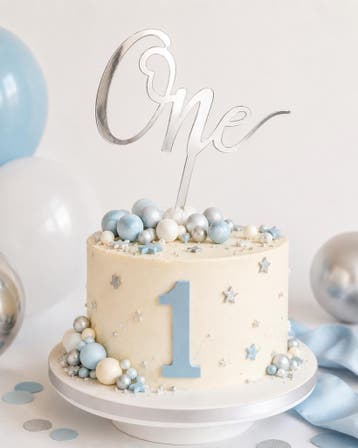 Acryl Taart Topper One zilver, Hobby en Vrije tijd, Taarten en Cupcakes maken, Ophalen of Verzenden, Nieuw, Taarten, Versiering