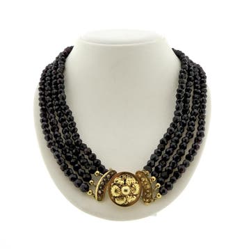 Antieke granaat kralencollier met gouden sierslot (Ketting), Sieraden, Tassen en Uiterlijk, Gebruikt, Ophalen of Verzenden, Met edelsteen