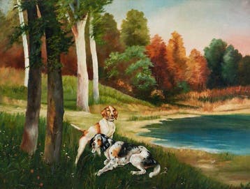 Franse school (XX) - Paesaggio lacustre con coppia di cani, Antiek en Kunst, Kunst | Schilderijen | Klassiek