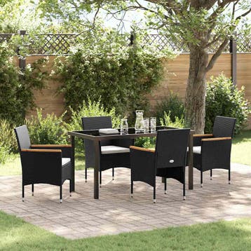 vidaXL Tuin eettafelset met kussen 5 pcs Zwart poly rattan, Verzenden, Nieuw, Rotan, 5 zitplaatsen