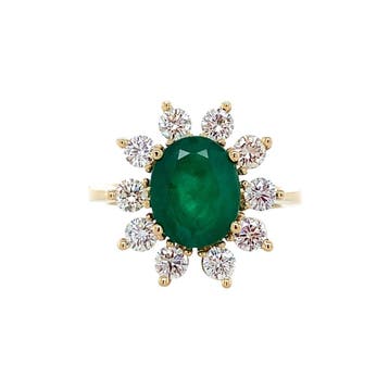 Gouden entourage ring met diamant en smaragd 14 karaat*, Verzenden, Zo goed als nieuw, Goud