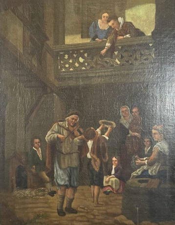Europese school (XIX) - Dipinto ad Olio su Tela con Scena di