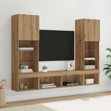 vidaXL TV Wand Eenheden met LED 5 st Artisan Eiken Bewerkt, Minder dan 50 cm, Verzenden, 100 tot 150 cm, Nieuw