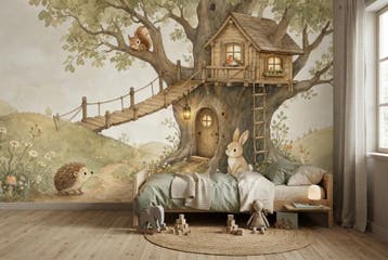 Boomhut behang kinderkamer – sprookjesbos fotobehang, Verzenden, Fotobehang
