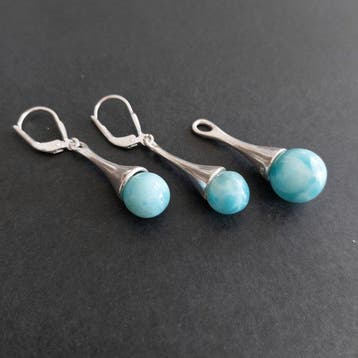 Larimar. Set met hanger en oorbellen. Ambachtelijke