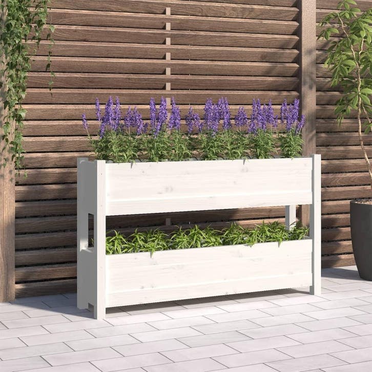 vidaXL Plantenbak 112x25x66 cm massief grenenhout wit, Tuin en Terras, Bloembakken en Plantenbakken, 100 cm of meer, Nieuw, Hout
