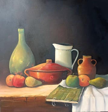 Rinus Manschot (XXI) - Stilleven met oude fles en fruit