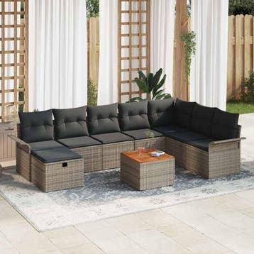 vidaXL Tuinbankenset 9 st Grijs Poly riet, Verzenden, Nieuw, Rotan, Meer dan 8 zitplaatsen
