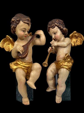 Val Gardena - sculptuur, Putti musicanti - 30 cm - Hout, Antiek en Kunst
