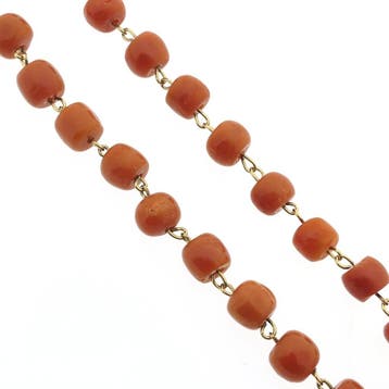 Bloedkoraal kralenketting met gouden slot, Sieraden, Tassen en Uiterlijk, Kettingen, Gebruikt, Ophalen of Verzenden, Met edelsteen