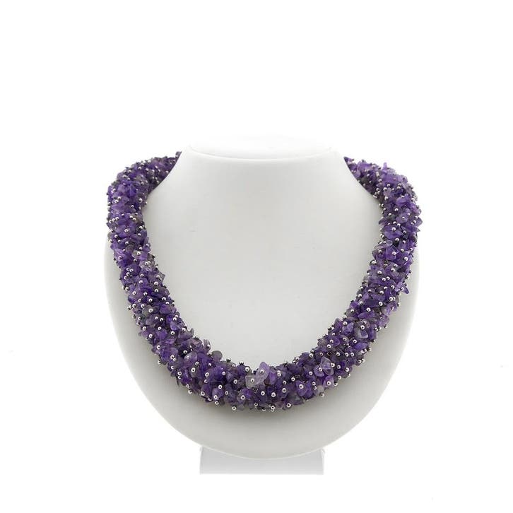 Amethist kralen collier aan zilver (Ketting), Sieraden, Tassen en Uiterlijk, Kettingen, Zilver, Gebruikt, Met edelsteen, Zilver