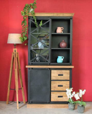 Buffetkast Iron Mango black 100 x 200 cm, Mangohout + staal., Nieuw, Glas, Industriëel, 25 tot 50 cm