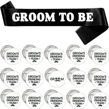 Groom to Be set Tuxedo met sjerp en buttons 14-delig, Verzenden, Zwart, Nieuw, Accessoires