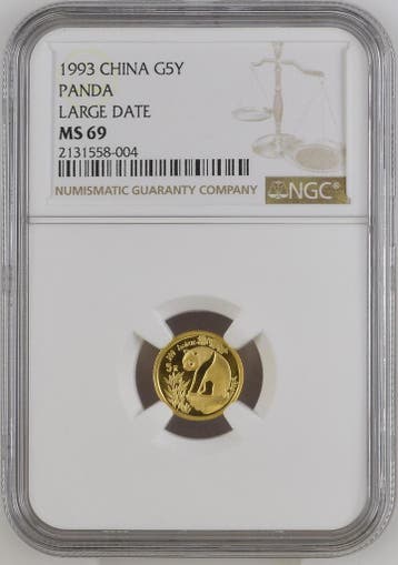 Gouden China Panda 1/20 oz 1993 large date MS69 NGC, Verzenden, Oost-Azië, Losse munt, Goud