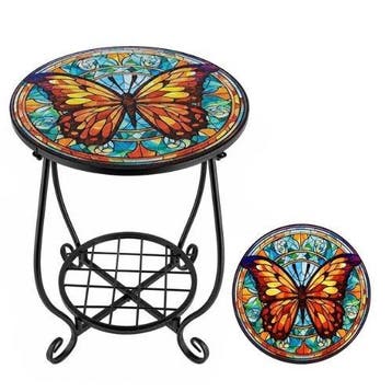 Butterfly Mosaic Side Table – Decorative Iron Frame Patio