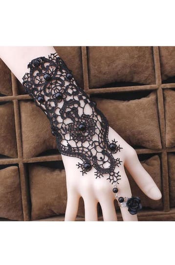 KIMU® Armband Kant Zwart met Ring en Roos Great Gatsby Roari, Kunststof, Verstelbaar, Zwart, Nieuw