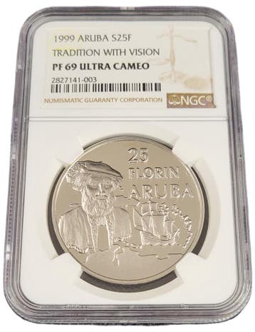 Aruba 25 florin 1999 Vespucci Tradition with Vision NGC, Verzenden, Munten