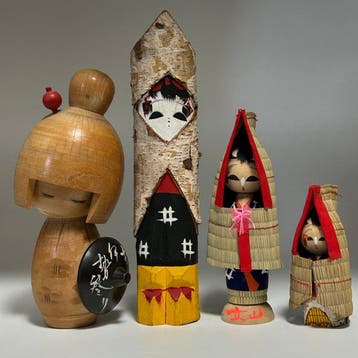 Vintage Japanse Kokeshi- en volkskunstcollectie – 4 stuks –