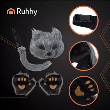 Ruhhy Grijze verkleedset kat of vos – 4-delig met masker,., Ophalen of Verzenden, Nieuw