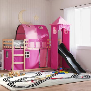 vidaXL Stapelbed met glijbaan en gordijnen roze 80x200 cm, Eenpersoons, Verzenden, Nieuw, 80 cm