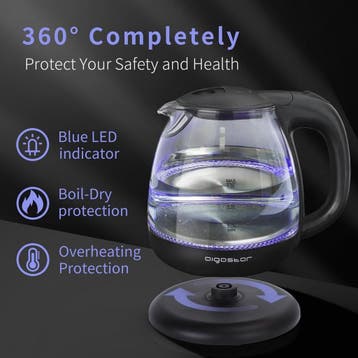 Waterkoker glas - met LED - Elektrisch - 1L - 2200W - Zwart, Verzenden, Zo goed als nieuw