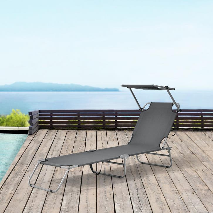 Ligbed met luifel Argozelo 186x55x24 cm donkergrijs casa.pro, Tuin en Terras, Tuinsets en Loungesets, Verzenden